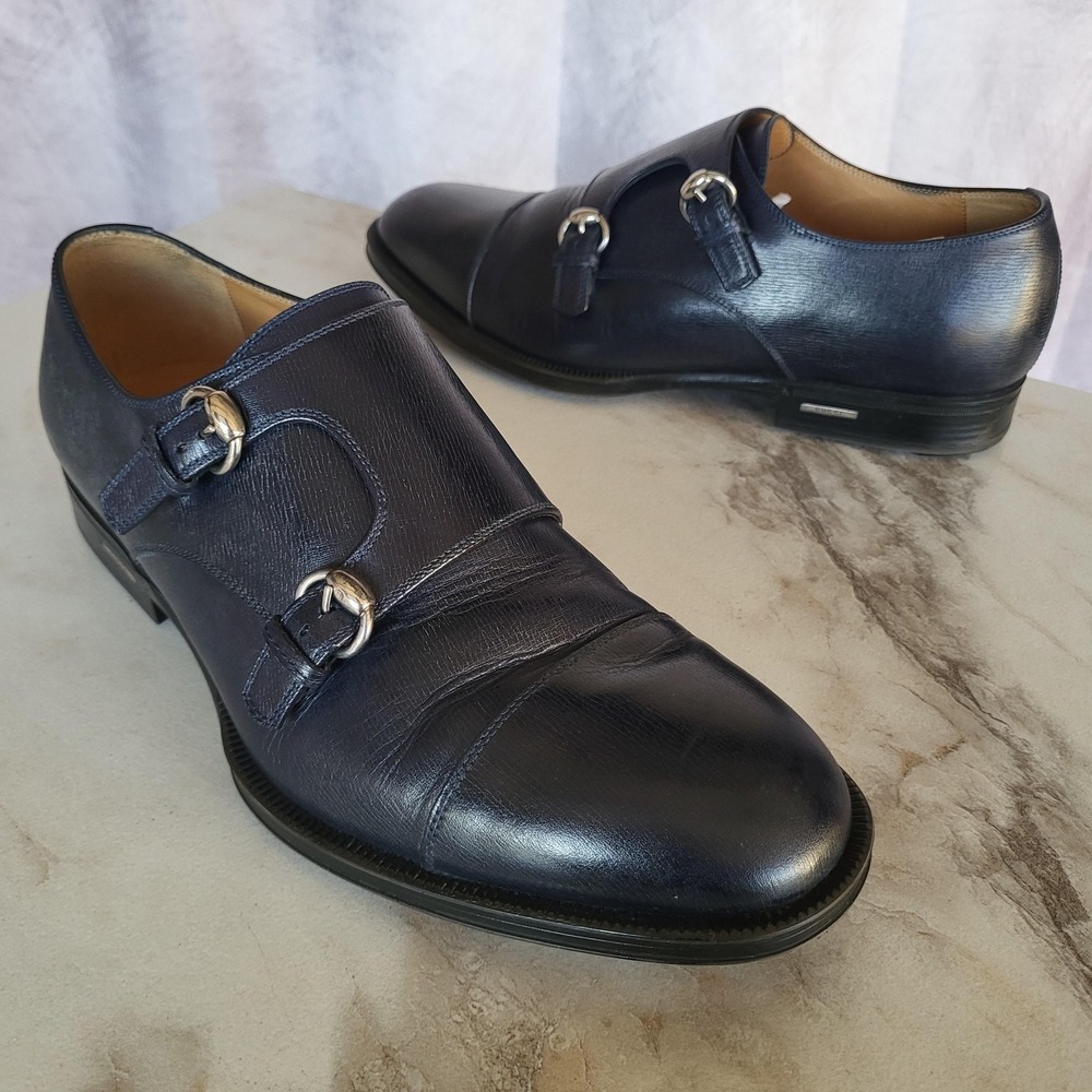 Gucci Monk Strap Shoes Mens US Size 11 Blue Leather Double Buckle Dress 322478